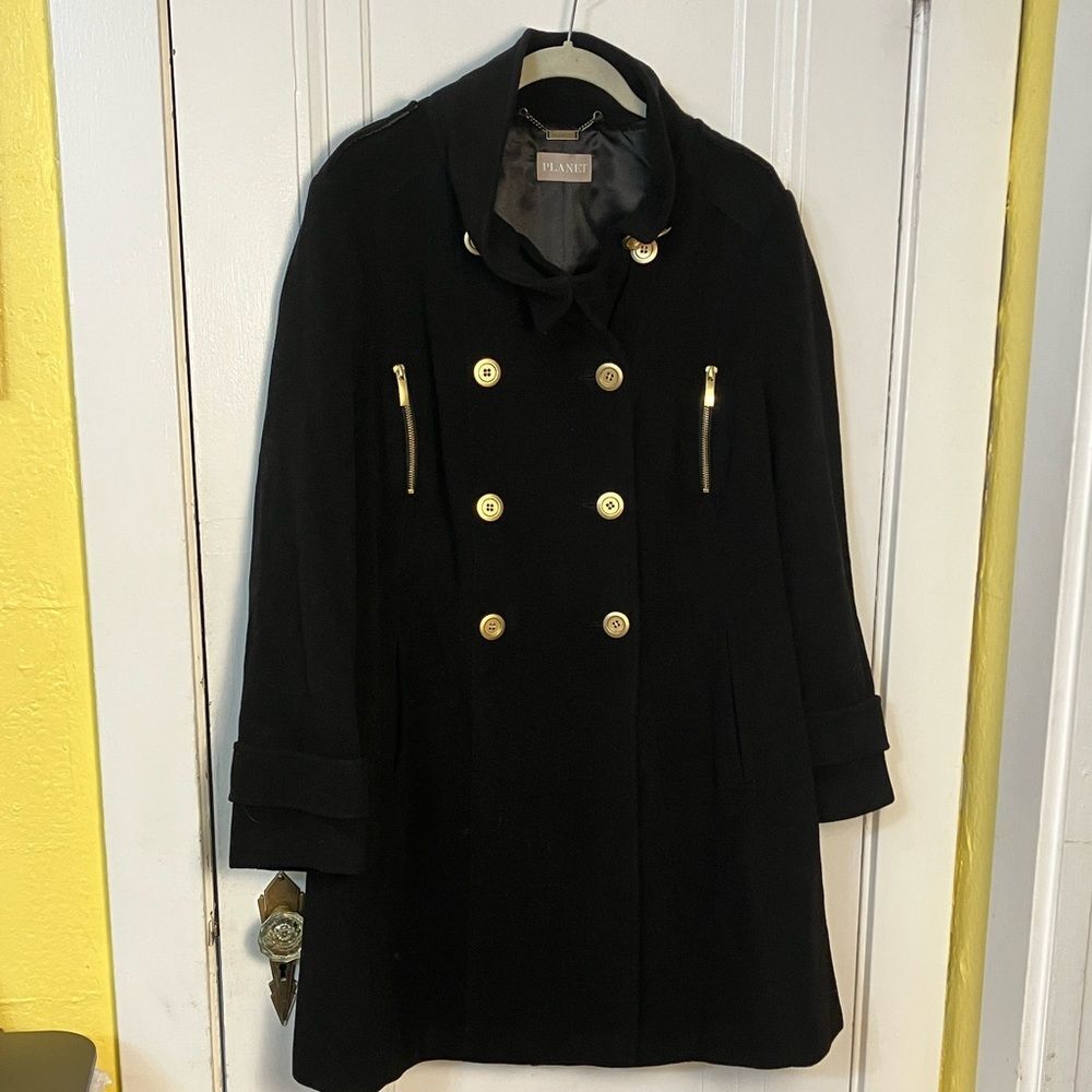 Black coat with gold buttons and zippers